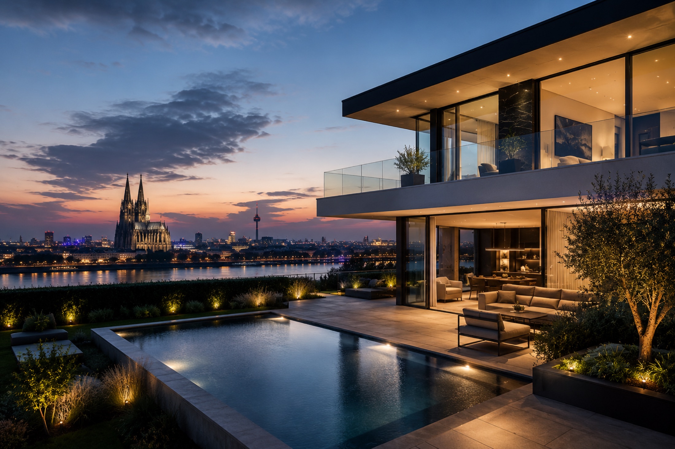 Hochwertige Immobilie am Rhein mit Blick auf den Kölner Dom am Abend