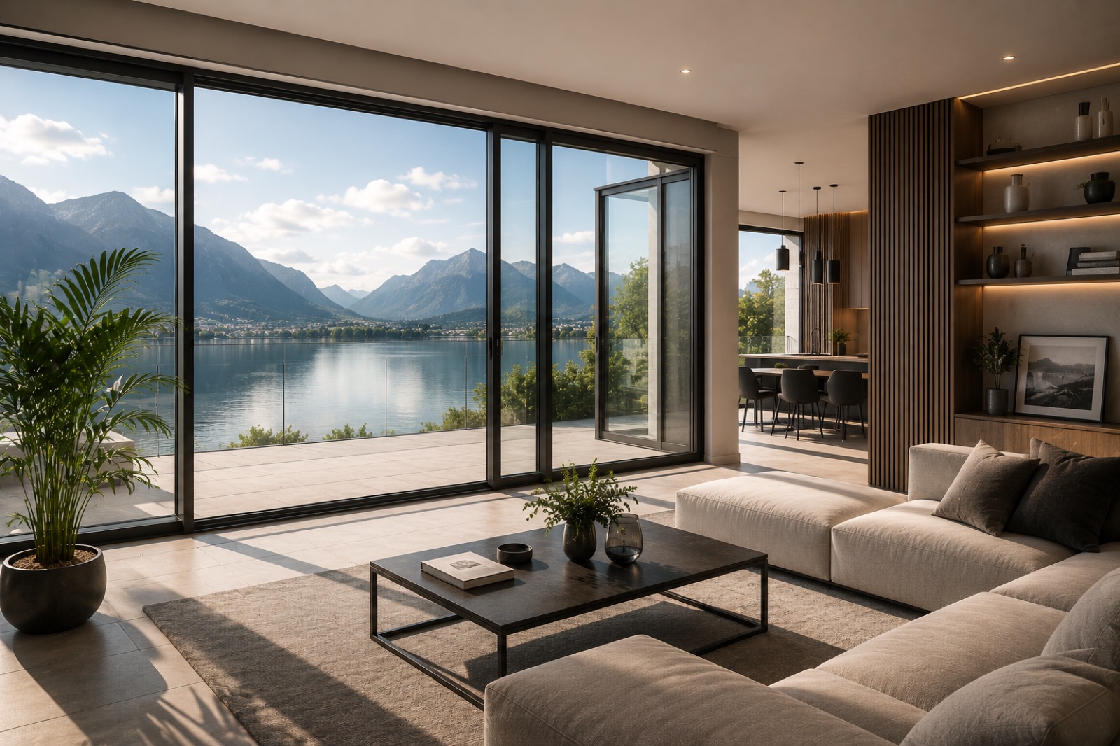 Lichtdurchflutetes Wohnzimmer mit großer Fensterfront und Terrasse